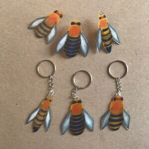 Honey bee keychains and pins set.